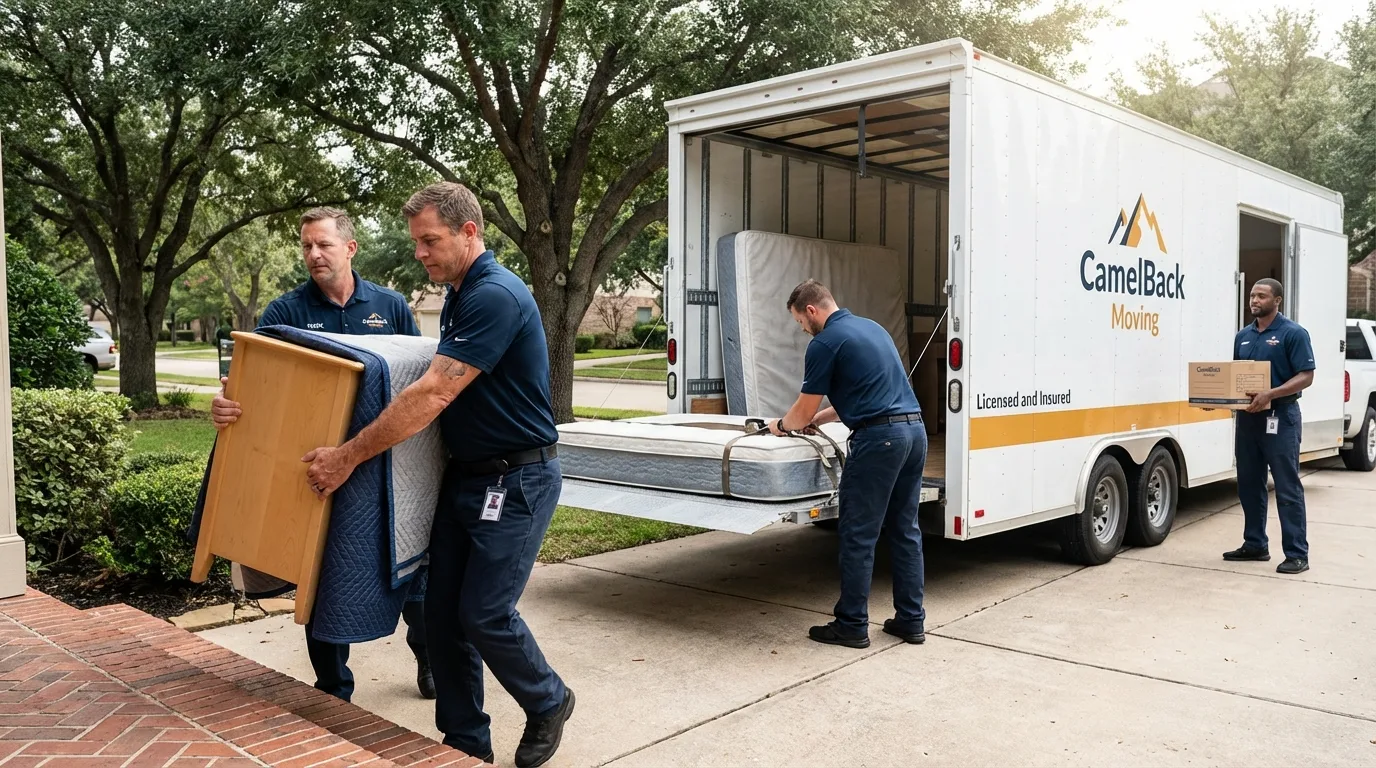 Crew loading residential truck for cross-state move from Newark, IL