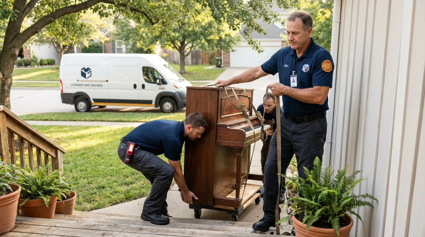 Licensed piano movers securing grand piano in Newark, IL