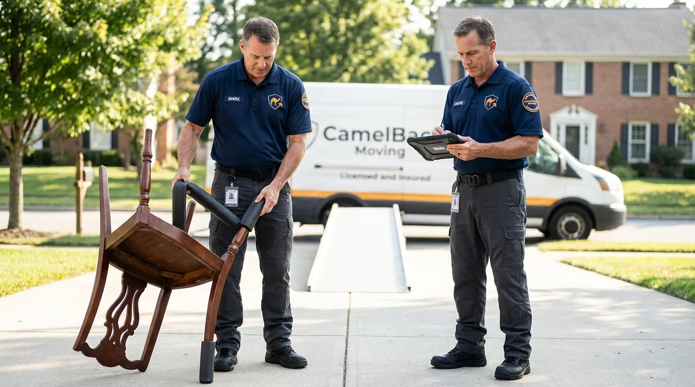 Movers inspecting furniture for damage prevention before loading in Newark, IL
