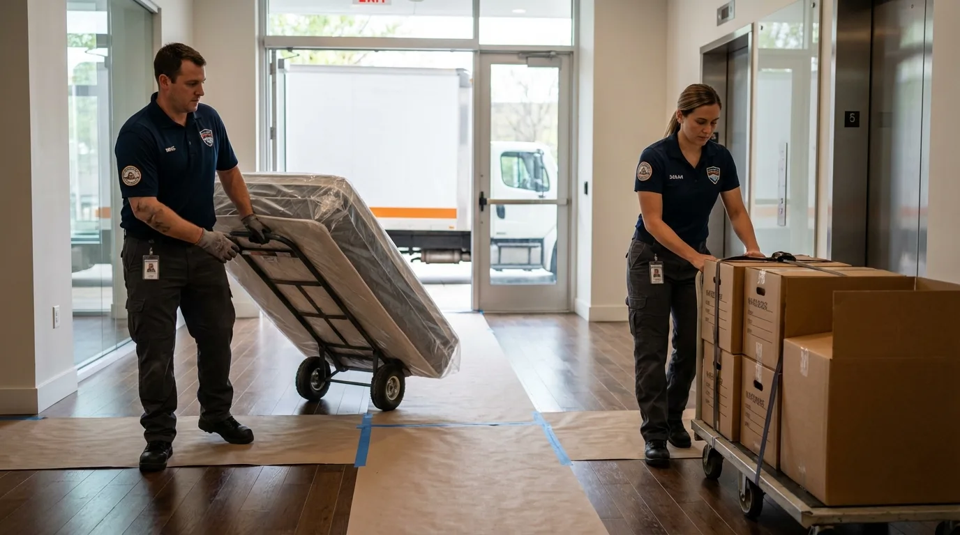 Professional apartment movers loading elevator in Newark, IL
