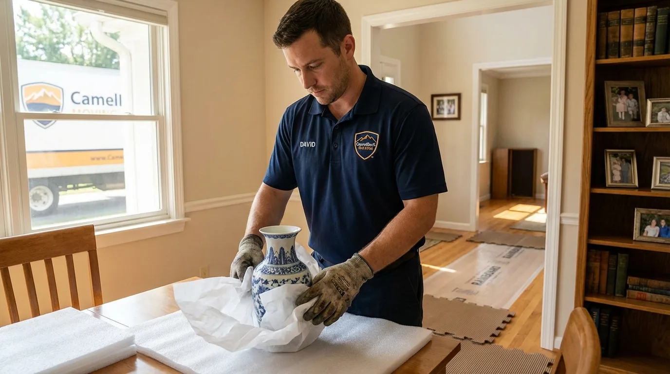 Professional crew carefully wrapping antique vase for senior downsizing move in Newark, IL
